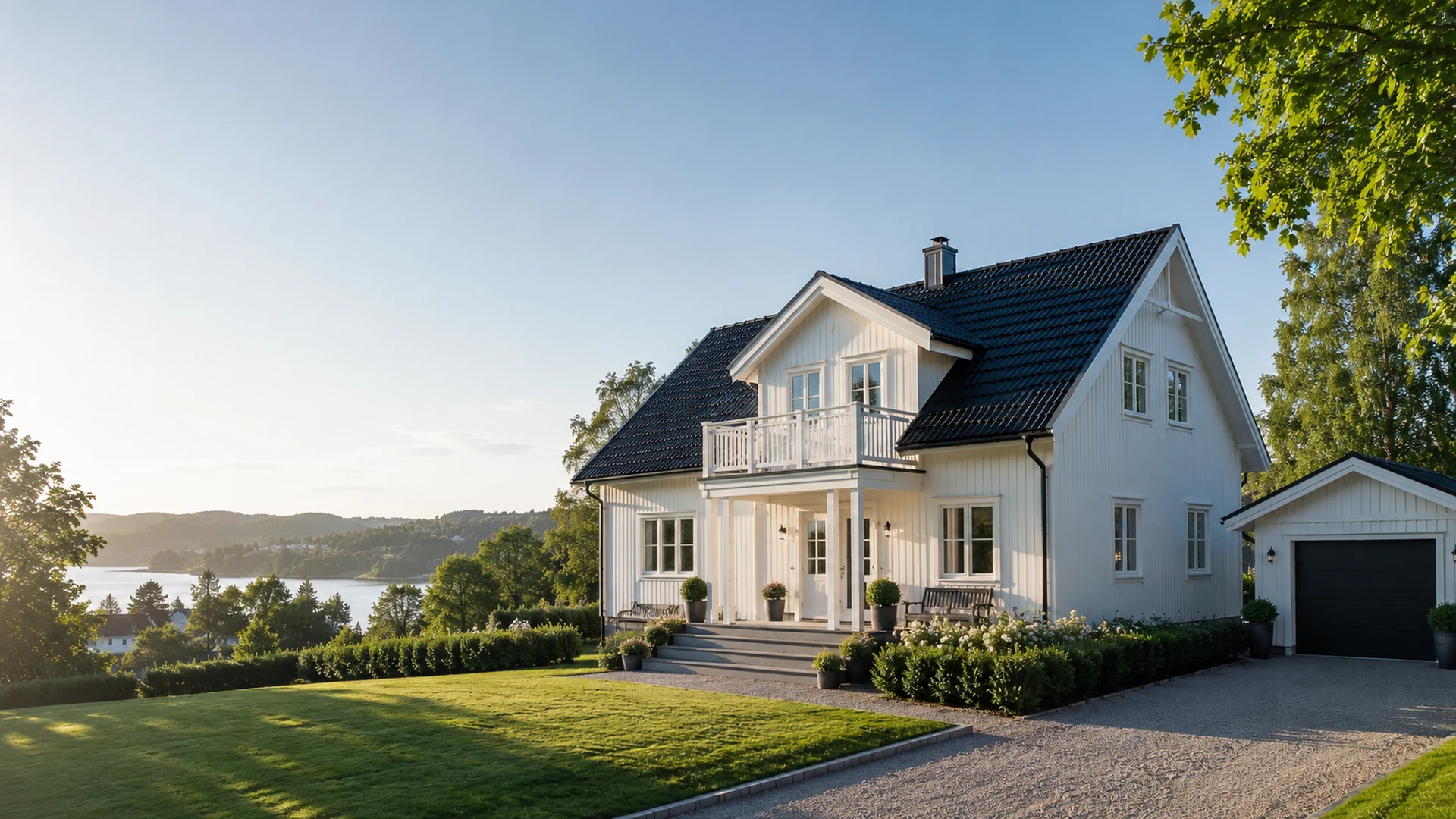Vit svensk trävilla i grön omgivning